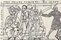 A miniature depicting a crowned man and a man who wears a tiara, each sitting on a throne with two armed men in the background