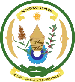 The seal of Rwanda: central tribal devices, surmounted on a cog wheel and encircled by a square knot