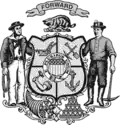 The current coat of arms of Wisconsin, adopted in 1881.