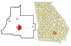 Location of Douglas in Coffee County, Georgia (left) and of Coffee County in Georgia (right)