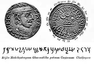 Early/Middle Brahmi legend on the coinage of Chastana: RAJNO MAHAKSHATRAPASA GHSAMOTIKAPUTRASA CHASHTANASA "Of the Rajah, the Great Satrap, son of Ghsamotika, Chashtana". 1st–2nd century CE.[194]
