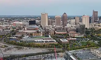 The Arena District (foreground) by downtown