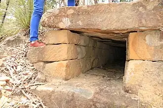 Convict-built road, Mount McQuoid, Great North Road, Bucketty, NSW. Stone box-drain culvert beneath road.