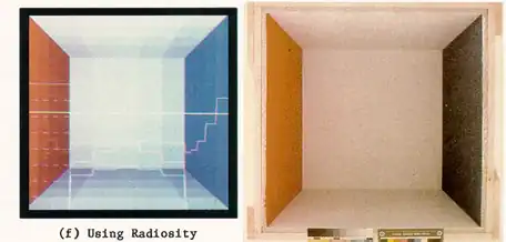 The rendered image is on the left, and photo reference on the right. The ray tracing program was written in C on a VAX-11/780 superminicomputer.
