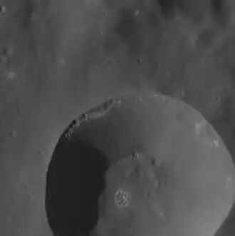 Close up of 12&nbsp;km diameter crater with hollows in the southern half of Jobim