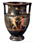 Column krater, red-figure pottery, satyr dances 375-350&nbsp;BC, tomb 32, Poggio Sommavilla necropolis, SBALazio, southern Etruria.