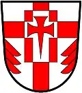 a cross enhanced - Argent; a cross enhanced gules, over all a billet charged with a cross pattée fitchée, all counterchanged and in base issuant from each flank a demi fir tree in pale gules - St. George's Church Pickering Village, Canada