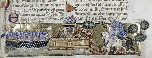Medieval miniature showing a fortress assaulted by riders on the right and a fleet of galleys on the left