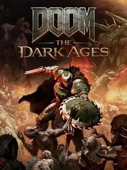 Cover featuring Doom Slayer slaying Demons with Saw Shield and Super Shotgun. Note the Titans in the background.