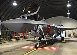 An F-35I Adir of 140 Squadron "Golden Eagle" (see eagle symbol) in its shelter in December 2017