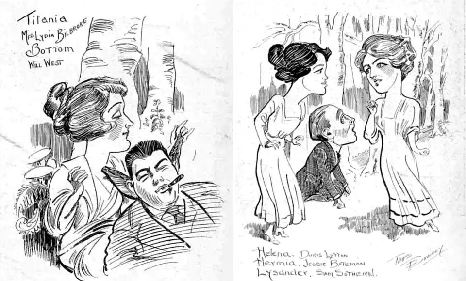 sketches of Barrie's characters as Titania, Bottom, Lysander, Helena and Hermia from Shakespeare's play