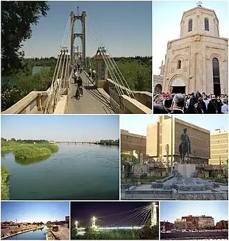 Suspension bridge of Deir ez-Zor • Memorial of Armenian genocide Euphrates River • March 8 Square Panorama of Deir ez-Zor