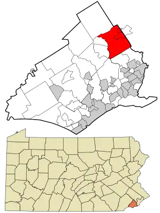 Location in Delaware County and the state of Pennsylvania.