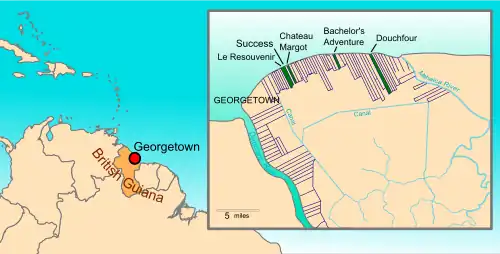 Map of northern coast of today's Georgetown Guyana in 1823, showing the plantations as neat narrow strips perpendicular to the coast