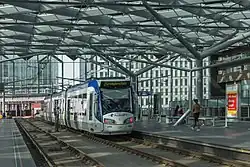 Upper-level tram stop at Den Haag Central station