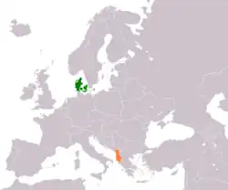 Map indicating locations of Denmark and Albania