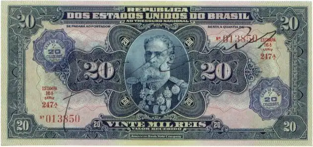 20 mil réis banknote (20$000) from 1925 with Marshal Deodoro da Fonseca's effigy.