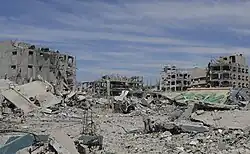 Jabalia refugee camp in 2024, largely destroyed by Israeli bombing during the Gaza war and Gaza genocide