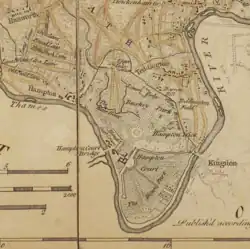 Detail from John Rocque's 1757 map of Middlesex, showing the enclosure of Bushy Park, the Longford River, the settlement of Hampton, and fields to the northwest.