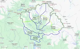 Dibang Valley district with administrative circles and other labels