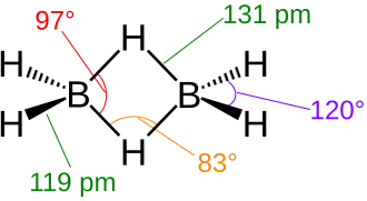 Diborane. The two central hydrogen atoms are simultaneously bonded to both boron atoms in 3c–2e bonds.