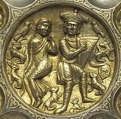 A harp or rotte on a medieval Armenian silver cup. Style resembles harps from Utrecht Psalter (Western Europe) or the rotte.