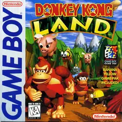 Donkey Kong, a brown gorilla wearing a tie, and Diddy Kong, a brown monkey wearing a red vest and cap, walk through the jungle towards the viewer. Above them are two flying pigs and a wasp, aside them a mole wearing a hard hat, and behind them a muscular crocodile. The words "DONKEY KONG LAND" appear above, and on the left side the "GAME BOY" banner appears from top to bottom.
