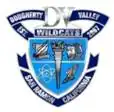 A predominantly blue and silver logo, shaped as a shield. "Dougherty Valley Est. 2007" is written on a banner above the shield, as well as "DV Wildcats". Underneath the shield is a banner with the text "San Ramon, California". The shield itself contains symbols in four quadrants; clockwise from the top left, they are a scroll and quill, a torch in the center, a mask and harp, a shoe with wings, and an atom.