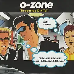 Cartoon-style illustrated cover of O‑Zone's "Dragostea din tei", showing the three band members in front of an airplane interior. Arsenie Todiraș (left) and Dan Bălan (middle) wear glasses and black-and-white outfits, while Radu Sîrbu (right) sports a yellow shirt.