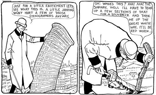 Rarebit fiend comic strip of giant man romping through New York City
