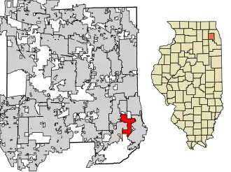 Location of Willowbrook in DuPage County, Illinois.