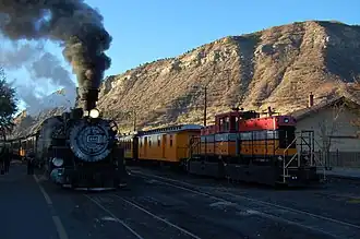 K-36 steam locomotive #486 and diesel engine "Big Al" #7 in Durango on October 25, 2012