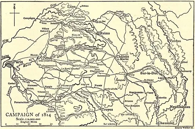 Black and yellow map of the Campaign of 1814 in 1:2,000,000 scale