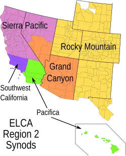 A map of the southwest US showing the ELCA synods of Region 2