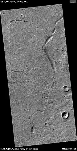 Possible dike and troughs, as seen by HiRISE under HiWish program The arrows point to the possible dike along the left edge of picture. Straight features are rare in nature; they are often due to dikes and joints.