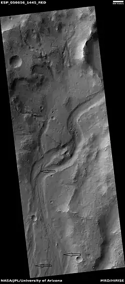 Channel, as seen by HiRISE under HiWish program. Streamlined shapes are indicated with arrows.