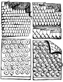 Examples of early armour construction. The top two sections are examples of scale armour.