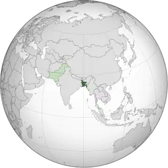 Location of East Pakistan (green) Western wing of Pakistan (light green)