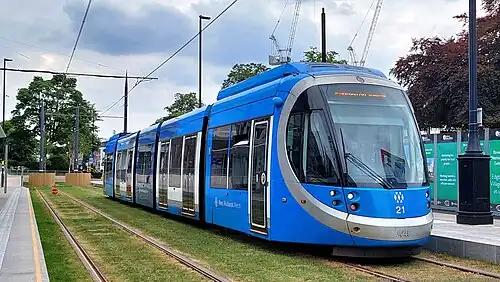 Urbos 3 tram in West Midlands Metro livery at Edgbaston Village tram stop, pictured in 2022