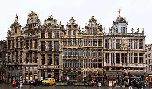 Grand-Place/Grote Markt of Brussels. From right to left: Le Roy d'Espagne, La Brouette, Le Sac, La Louve, Le Cornet and Le Renard.