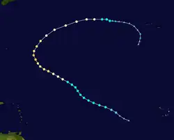 An image depicting the track of a long-lived 2014 tropical cyclone within the North Atlantic Basin.