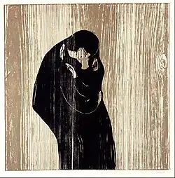 Kiss IV, 1902, woodcut print on wood, .mw-parser-output .frac{white-space:nowrap}.mw-parser-output .frac .num,.mw-parser-output .frac .den{font-size:80%;line-height:0;vertical-align:super}.mw-parser-output .frac .den{vertical-align:sub}.mw-parser-output .sr-only{border:0;clip:rect(0,0,0,0);clip-path:polygon(0px 0px,0px 0px,0px 0px);height:1px;margin:-1px;overflow:hidden;padding:0;position:absolute;width:1px}47 cm × 47 cm (18+1⁄2 in × 18+1⁄2 in), Munch Museum, Oslo