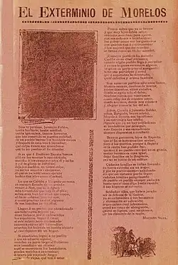 Orange-colored sheet of paper containing the lyrics of the song in question, along with a photograph of Emiliano Zapata at the top-left corner