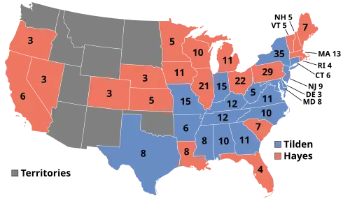 A map of the United States showing electoral results in 1876