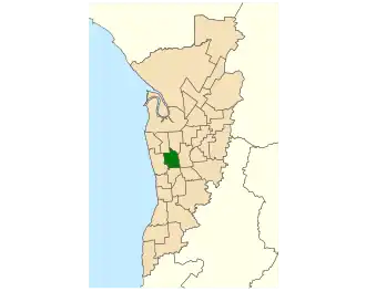 Map of Adelaide, South Australia with electoral district of West Torrens highlighted