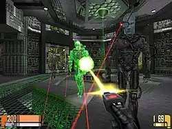 A pair of cyborgs advance on the player, whose view is rendered from a first-person perspective. The player fires an energy weapon at one of the cyborgs; however, the weapon has no effect and is absorbed by the cyborg's personal energy shield.