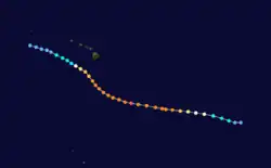 A track map of the west-northwestward path of a hurricane over the Eastern and Central Pacific Ocean