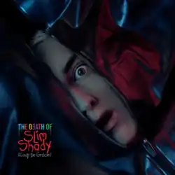 Eminem's face shown beneath the zipper of an opened body bag