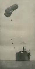 British balloon-mother ship HMS Manica launching a Parseval-Sigsfeld balloon off the coast of German East Africa to locate German battery positions (c. 1917)