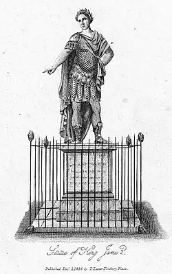 Engraving of the statue of King James II by T. Lester (1816), without a baton